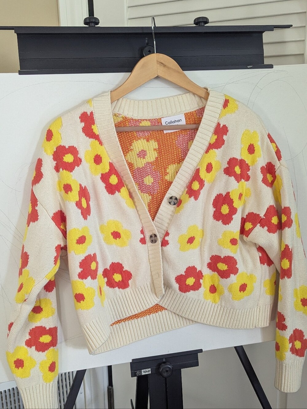 Callahan Cream Cropped Floral Cardigan with Yellow & Red Flowers